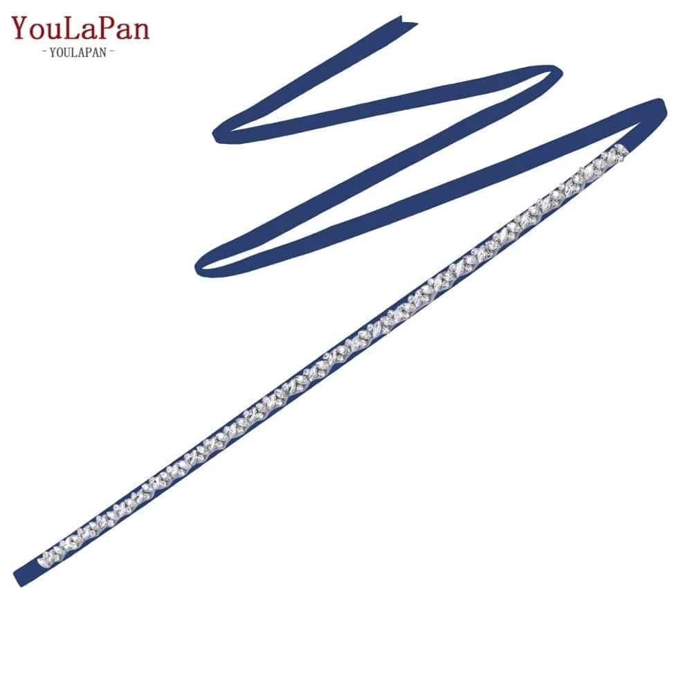 Navy Blue  Ribbon YouLaPan S404 Modern Design Hot Sale Women Dress Belt Silver Rhinestone Thin Belt Bridal Wedding Dress Waist Jewelry