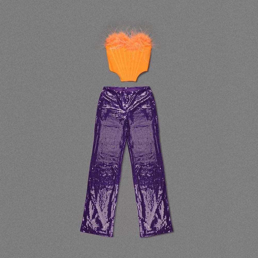 Nes Arrivals Ladies Elegant Feathers Long Tops And Sequin Pants Two Piece Set