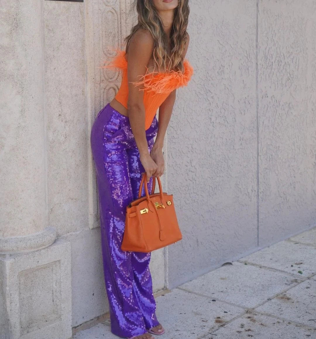 Nes Arrivals Ladies Elegant Feathers Long Tops And Sequin Pants Two Piece Set