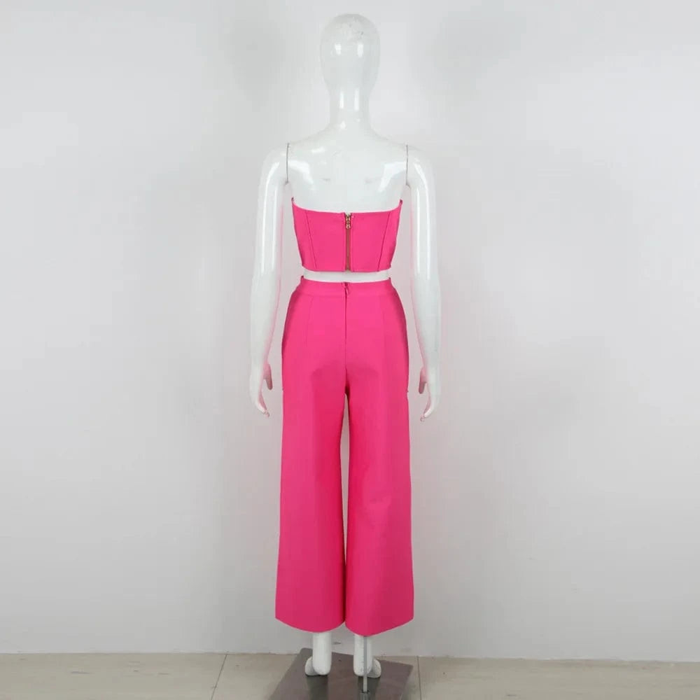 Nes Arrivals Ladies Elegant Rhinestone Bandage Short Tops And Pants Two Piece Set