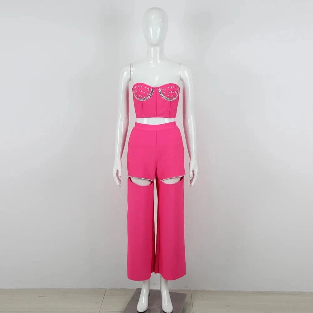 Nes Arrivals Ladies Elegant Rhinestone Bandage Short Tops And Pants Two Piece Set