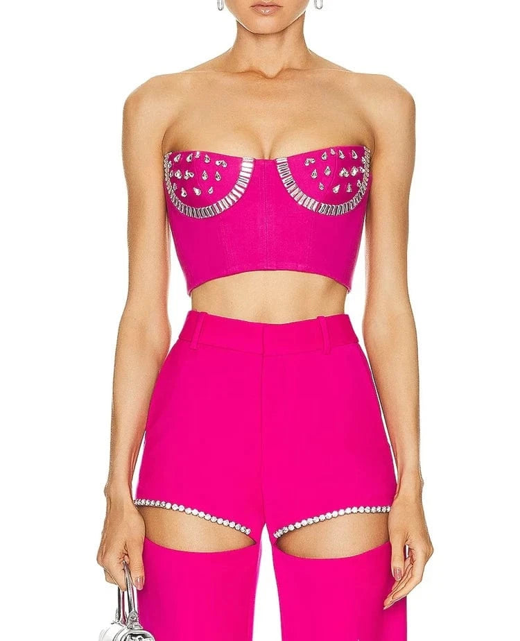 Nes Arrivals Ladies Elegant Rhinestone Bandage Short Tops And Pants Two Piece Set