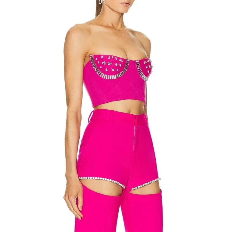 Nes Arrivals Ladies Elegant Rhinestone Bandage Short Tops And Pants Two Piece Set