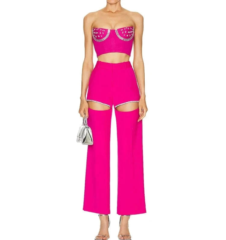 Nes Arrivals Ladies Elegant Rhinestone Bandage Short Tops And Pants Two Piece Set