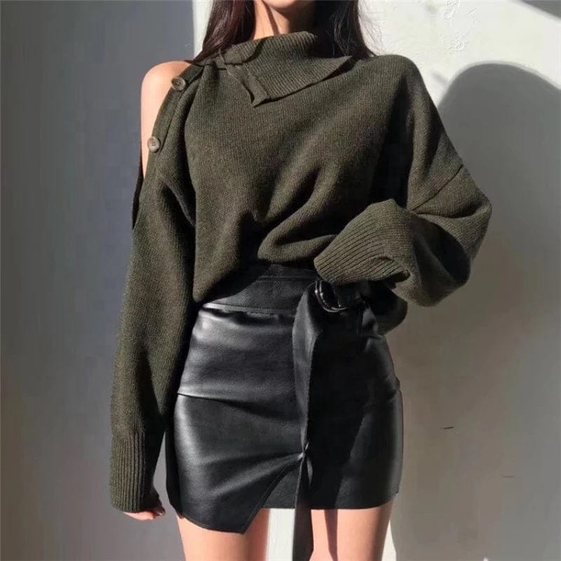 New 2022 Spring Elegant Women Sweaters Sexy Strapless Turtleneck Loose Knitted Pullovers Female Casual Solid Tops Outwear