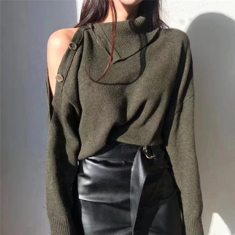 New 2022 Spring Elegant Women Sweaters Sexy Strapless Turtleneck Loose Knitted Pullovers Female Casual Solid Tops Outwear
