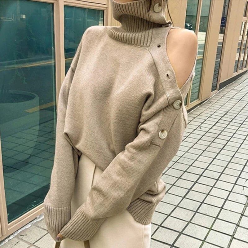 New 2022 Spring Elegant Women Sweaters Sexy Strapless Turtleneck Loose Knitted Pullovers Female Casual Solid Tops Outwear