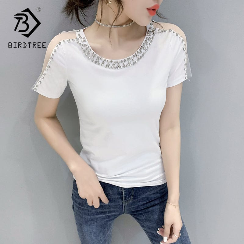 New 2022 T-Shirt Women Handmade Diamonds Beading Mesh Patchwork On Sleeve Women Tops Tees Short Sleeve Summer T25503