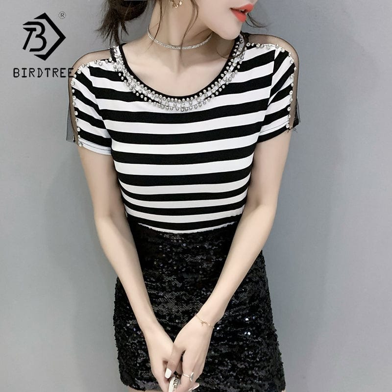 New 2022 T-Shirt Women Handmade Diamonds Beading Mesh Patchwork On Sleeve Women Tops Tees Short Sleeve Summer T25503
