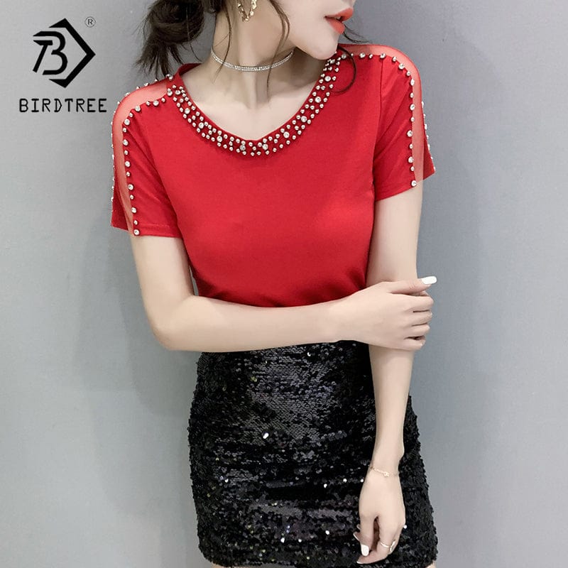 New 2022 T-Shirt Women Handmade Diamonds Beading Mesh Patchwork On Sleeve Women Tops Tees Short Sleeve Summer T25503
