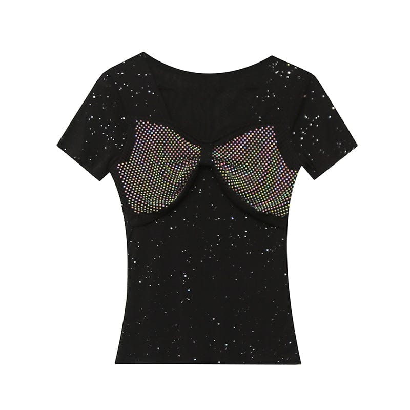 New 2022 T-Shirt Women Square Collar Handmade Diamonds Beading Bow Bling Bling Women Tops Tees Short Sleeve Summer T25906