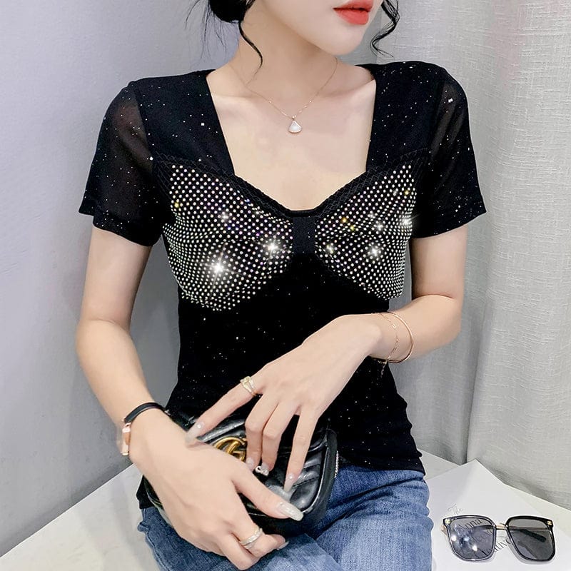 New 2022 T-Shirt Women Square Collar Handmade Diamonds Beading Bow Bling Bling Women Tops Tees Short Sleeve Summer T25906