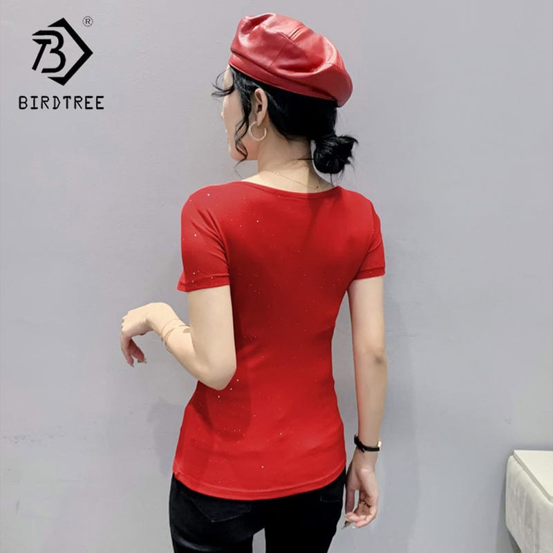 New 2022 T-Shirt Women Square Collar Handmade Diamonds Beading Bow Bling Bling Women Tops Tees Short Sleeve Summer T25906