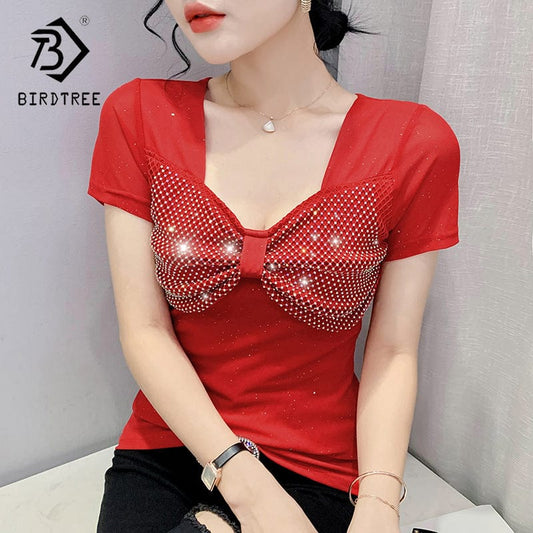 New 2022 T-Shirt Women Square Collar Handmade Diamonds Beading Bow Bling Bling Women Tops Tees Short Sleeve Summer T25906