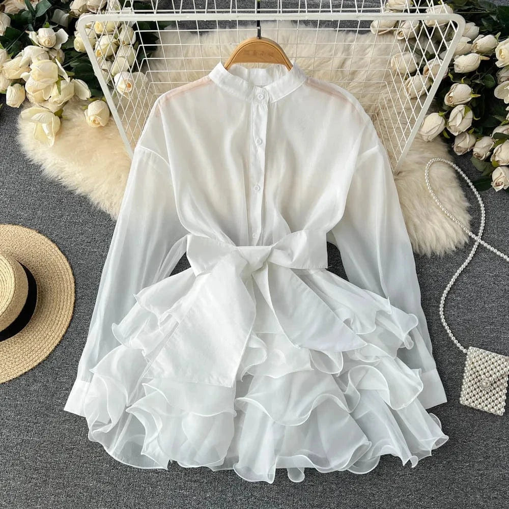 New Arrival Autumn Fashion Chiffon Shirt Solid Color Ruffles Dress Bow Tie Blouse