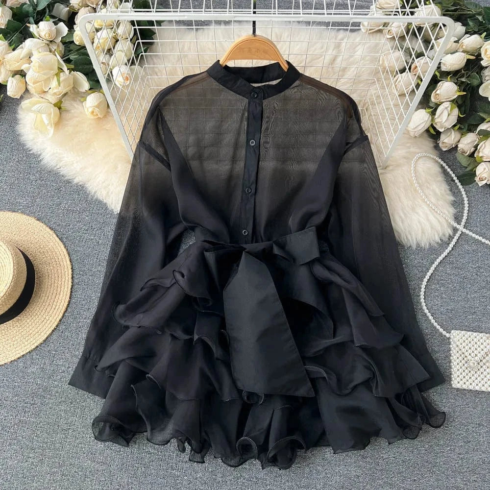 New Arrival Autumn Fashion Chiffon Shirt Solid Color Ruffles Dress Bow Tie Blouse