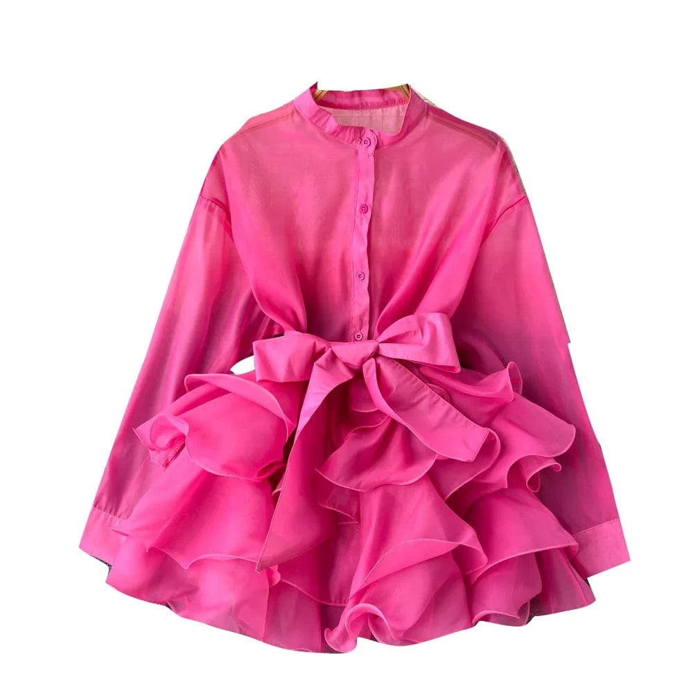 New Arrival Autumn Fashion Chiffon Shirt Solid Color Ruffles Dress Bow Tie Blouse