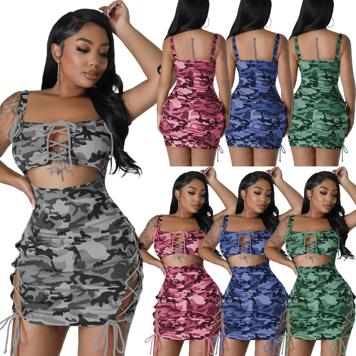 New Arrival Camouflage Bandage Dresses For Women 2023 Bodycon Lace Up Night Dresses Woman Sexy