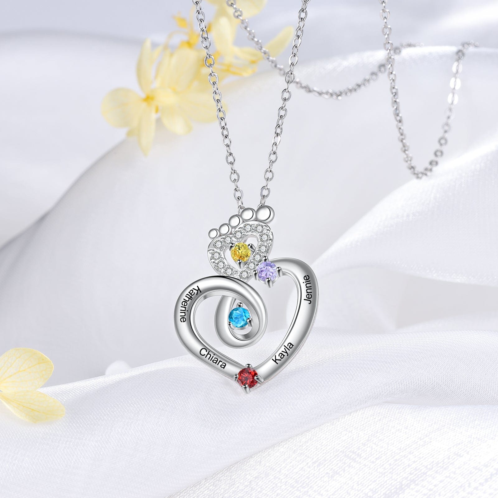 New Arrival Copper Custom Cubic Zirconia Baby Feet Necklace Personalised Name Heart Necklace