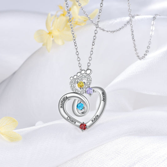 New Arrival Copper Custom Cubic Zirconia Baby Feet Necklace Personalised Name Heart Necklace