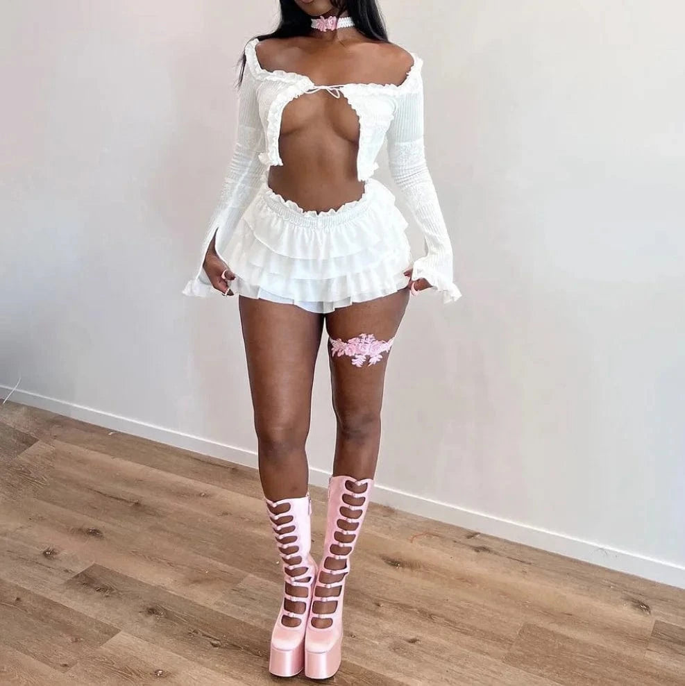 New Arrival Cute Ruffle Long Sleeve Crop Top Shirt Sexy Short Mini Skirt Matching Sets 2 Two Piece Women's Sets