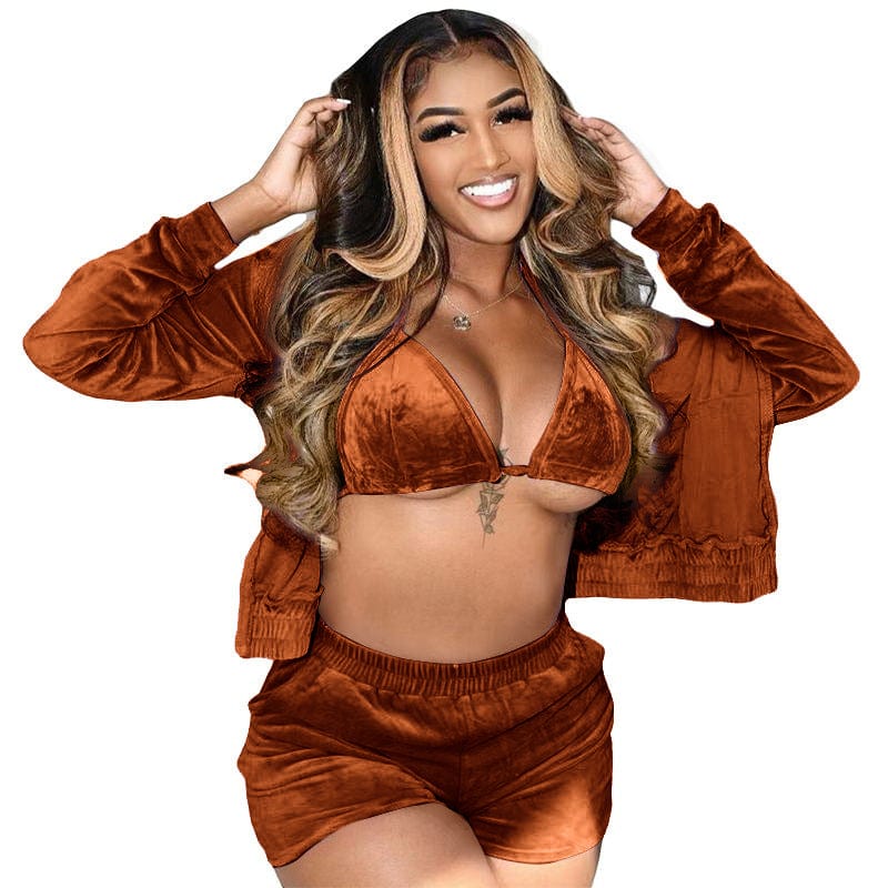 New Arrival Designs For 2022 Summer Velvet 3 Piece Sets Long Sleeve Hooded Zip Short Set Plus Size Solid Sport Outfit