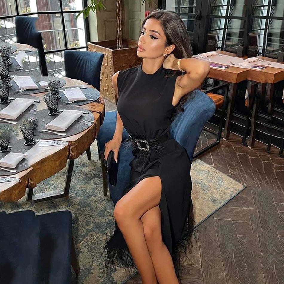 New Arrival Elegant Long Evening Gown Dress With Feather Black Party Dress