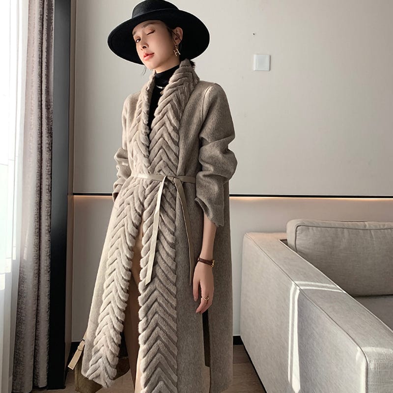 New Arrival Elegant Mink Fur Collar Winter Long Wool Cashmere Coats Women