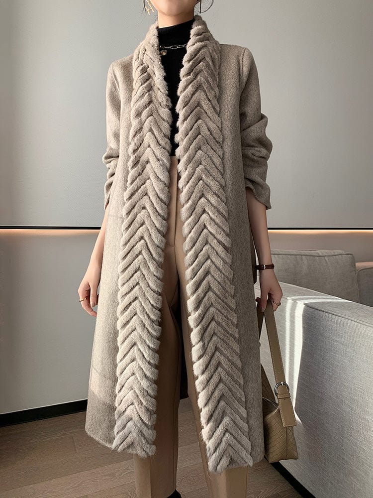 New Arrival Elegant Mink Fur Collar Winter Long Wool Cashmere Coats Women
