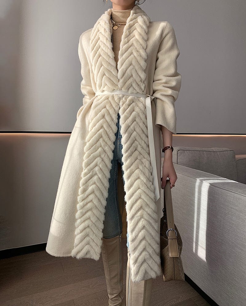 New Arrival Elegant Mink Fur Collar Winter Long Wool Cashmere Coats Women