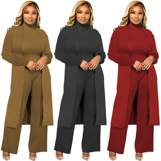 New Arrival Fall Winter Casual Coat Leggings Outfits Knitted Cardigans Three Piece Women Clothing 3 Piece Pants Set