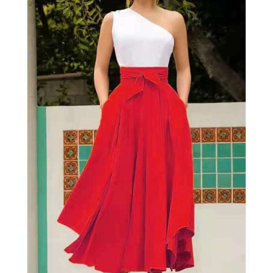 new arrival Fashion Women Girls Europe and America Solid Color Bow Belt Big Hem Hot Sell Dress Long Skirt plus size