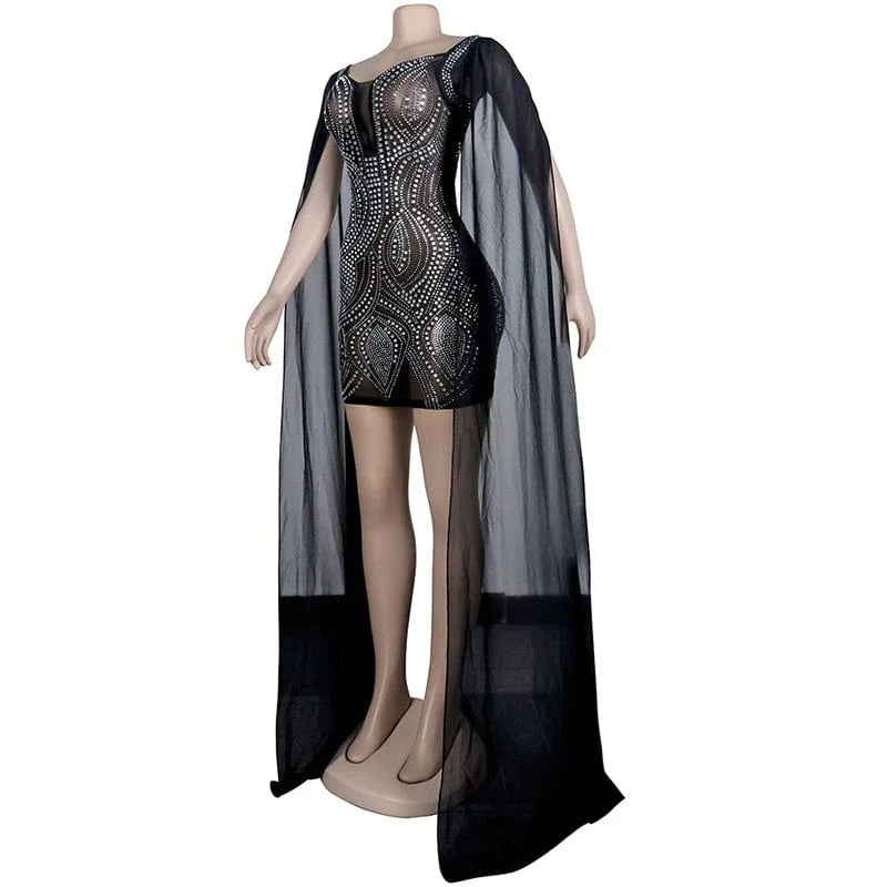 New Arrival Flare Cape Sleeve Mesh Crystal Dress Sparkle See Through Sequin Bodycon Birthday Party Club Dresses