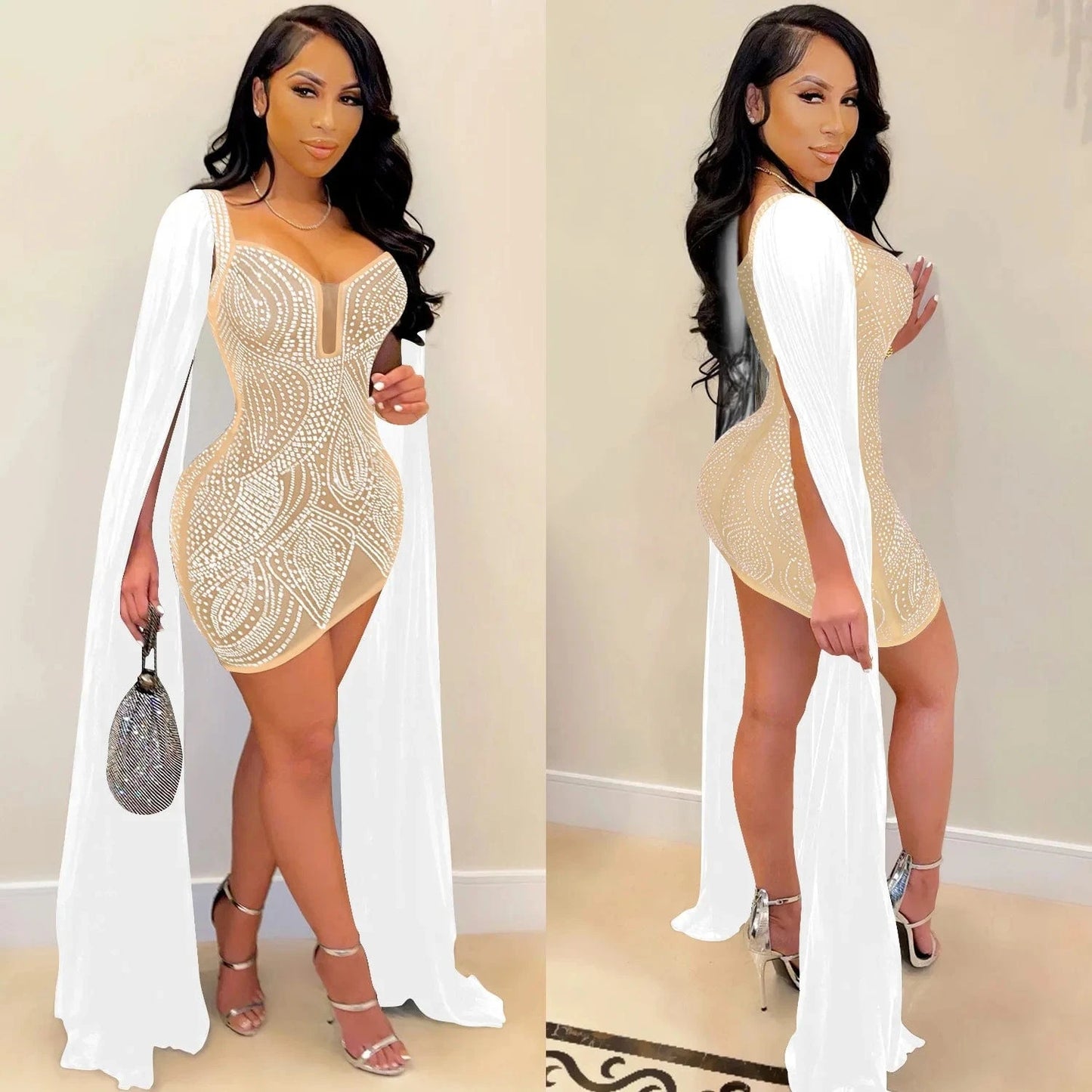 New Arrival Flare Cape Sleeve Mesh Crystal Dress Sparkle See Through Sequin Bodycon Birthday Party Club Dresses