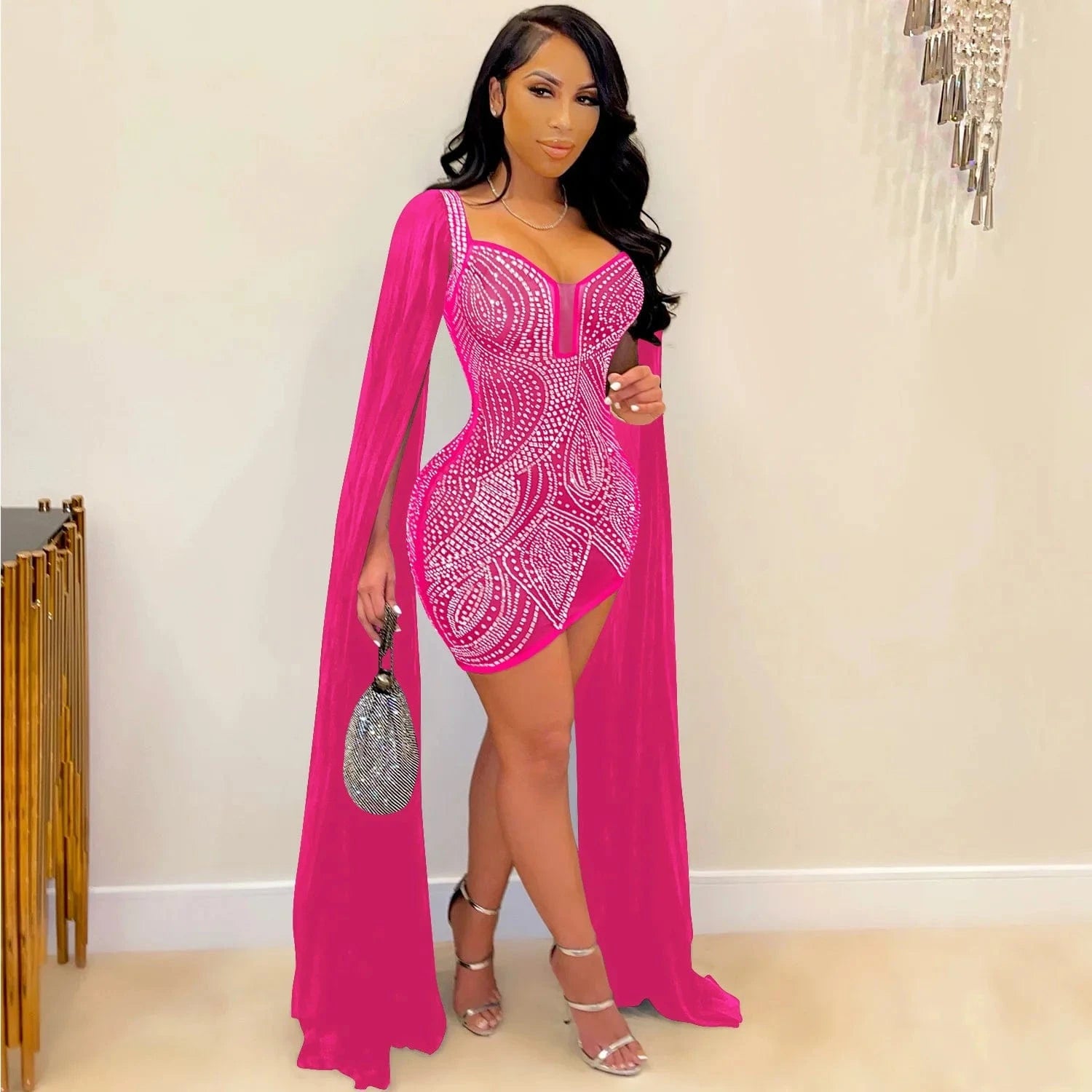 New Arrival Flare Cape Sleeve Mesh Crystal Dress Sparkle See Through Sequin Bodycon Birthday Party Club Dresses