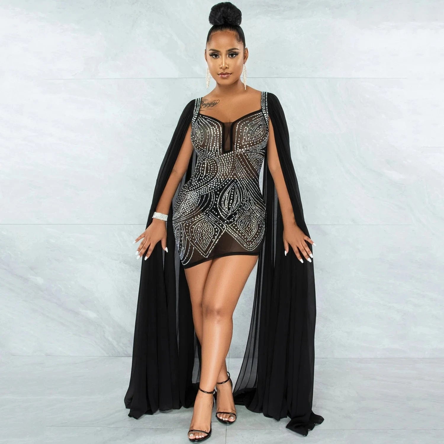 New Arrival Flare Cape Sleeve Mesh Crystal Dress Sparkle See Through Sequin Bodycon Birthday Party Club Dresses