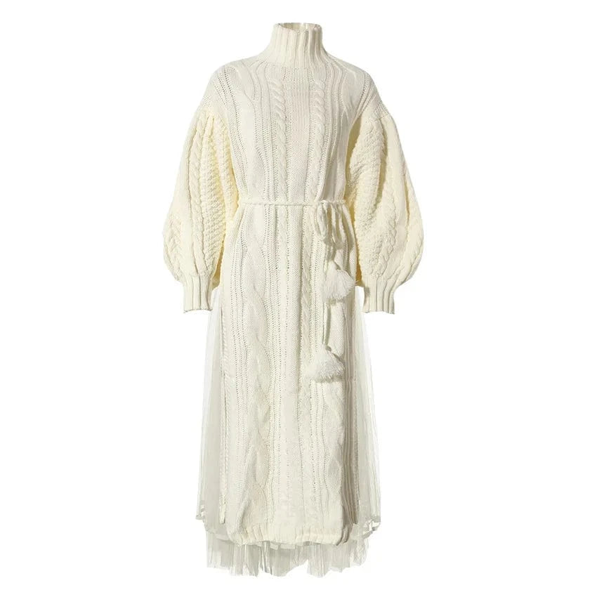 New Arrival Lady Elegant High Neck Long Sleeve Split Knit Sweater Women's Dress And Mesh Two Piece Skirt Set