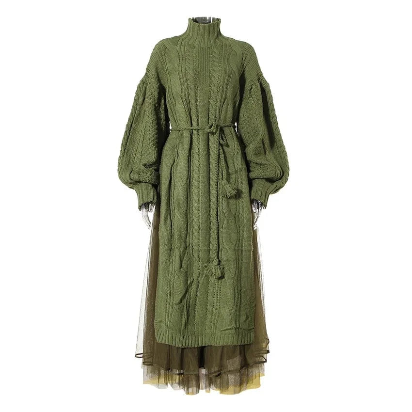 New Arrival Lady Elegant High Neck Long Sleeve Split Knit Sweater Women's Dress And Mesh Two Piece Skirt Set