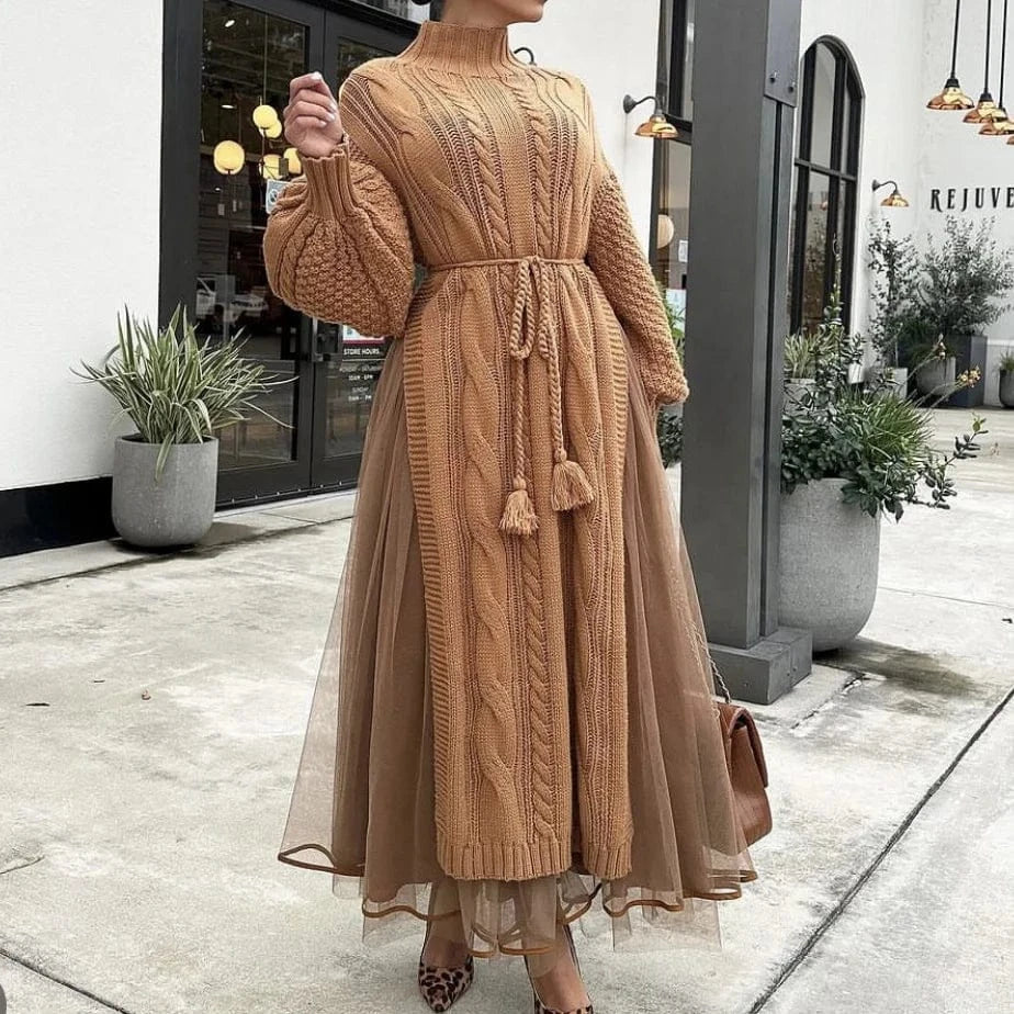 New Arrival Lady Elegant High Neck Long Sleeve Split Knit Sweater Women's Dress And Mesh Two Piece Skirt Set