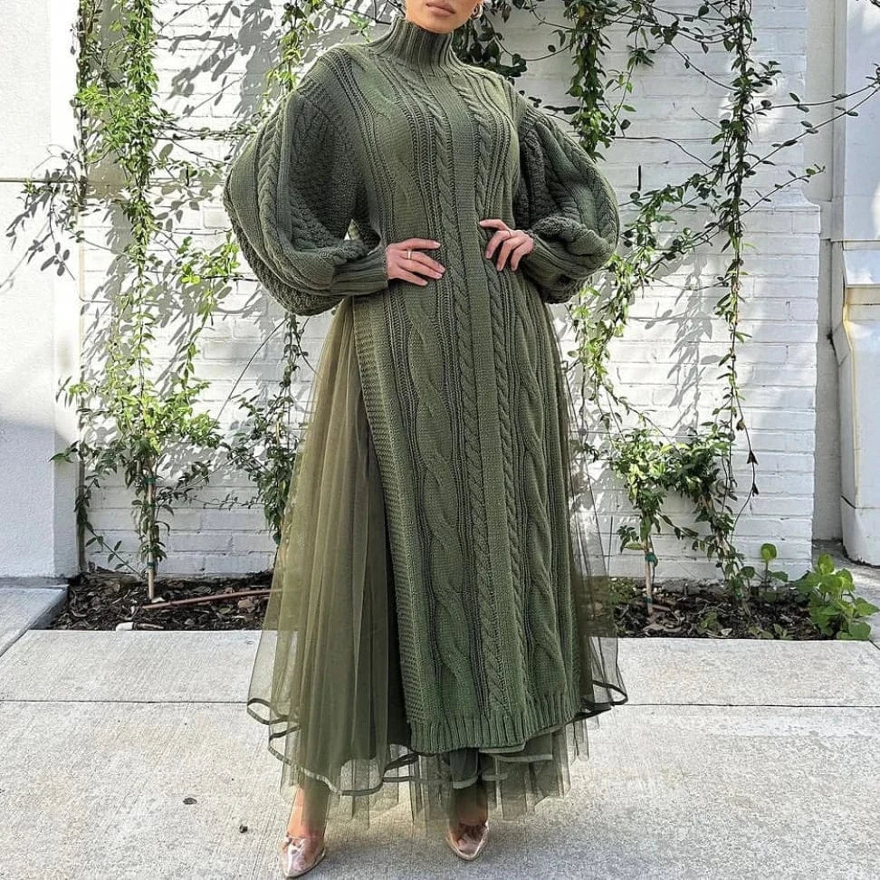 New Arrival Lady Elegant High Neck Long Sleeve Split Knit Sweater Women's Dress And Mesh Two Piece Skirt Set