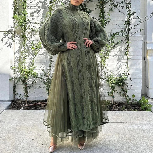 New Arrival Lady Elegant High Neck Long Sleeve Split Knit Sweater Women's Dress And Mesh Two Piece Skirt Set