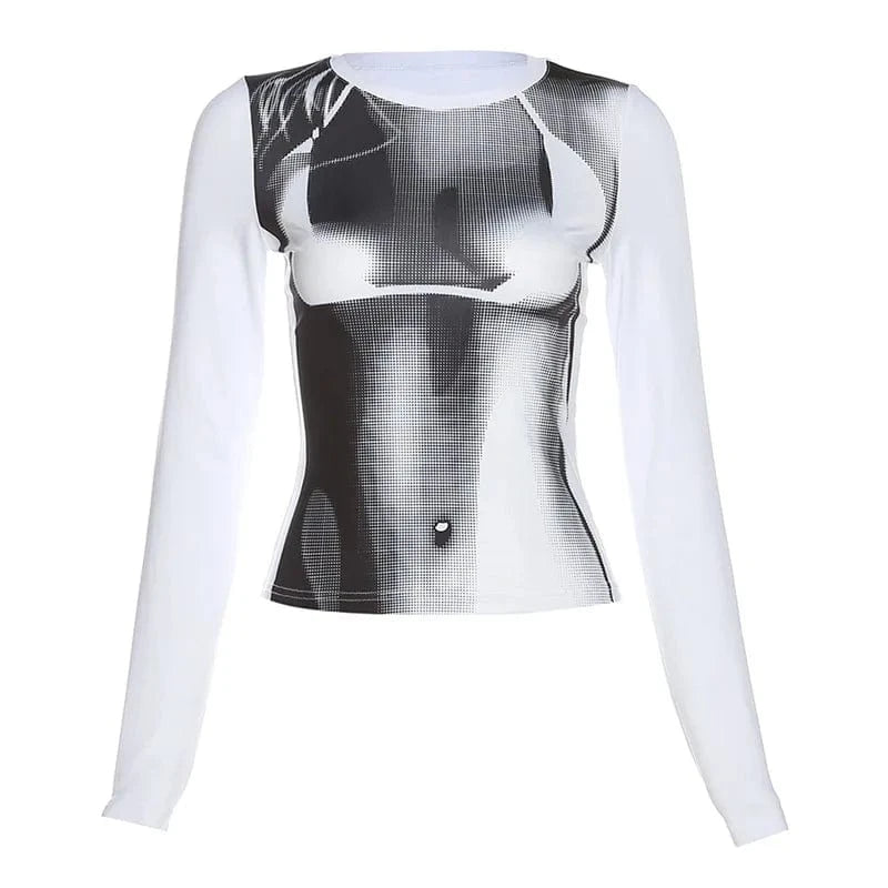 New Arrival New Top Street Shot Fashion 3D Print Long Sleeve Slim Slim T-shirt