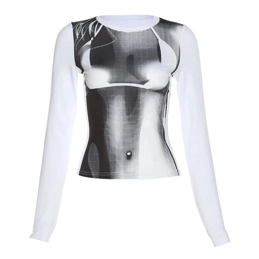 New Arrival New Top Street Shot Fashion 3D Print Long Sleeve Slim Slim T-shirt