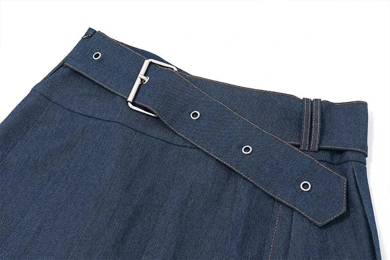 New Arrival Sexy Long Sleeve Bandage Hollow Out Crop Top Mini Pleated Skirt Denim Set Women Two Piece