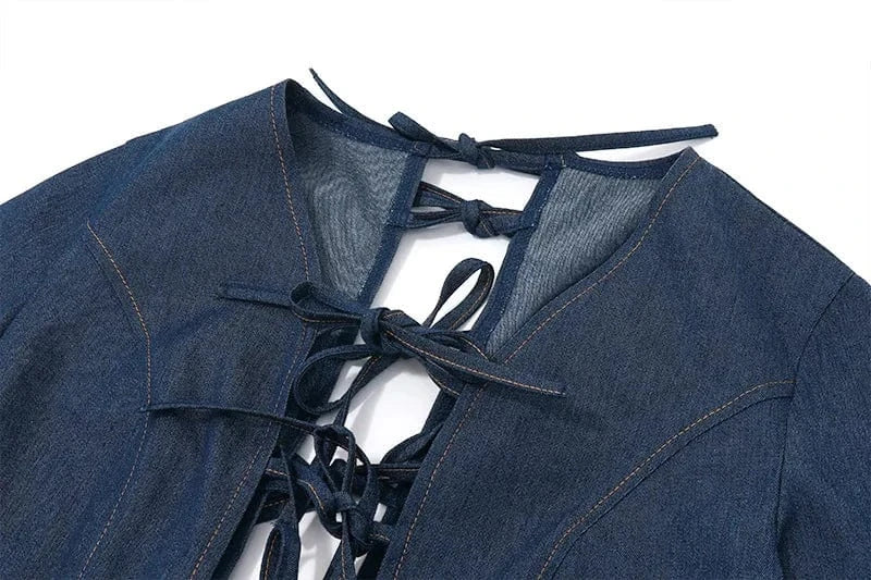 New Arrival Sexy Long Sleeve Bandage Hollow Out Crop Top Mini Pleated Skirt Denim Set Women Two Piece