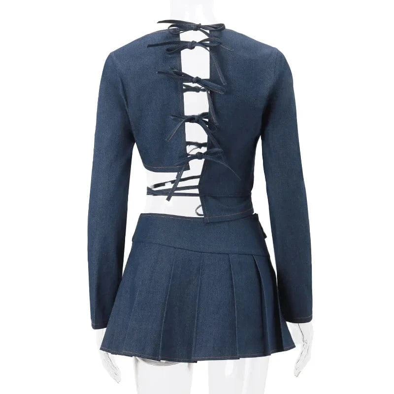 New Arrival Sexy Long Sleeve Bandage Hollow Out Crop Top Mini Pleated Skirt Denim Set Women Two Piece