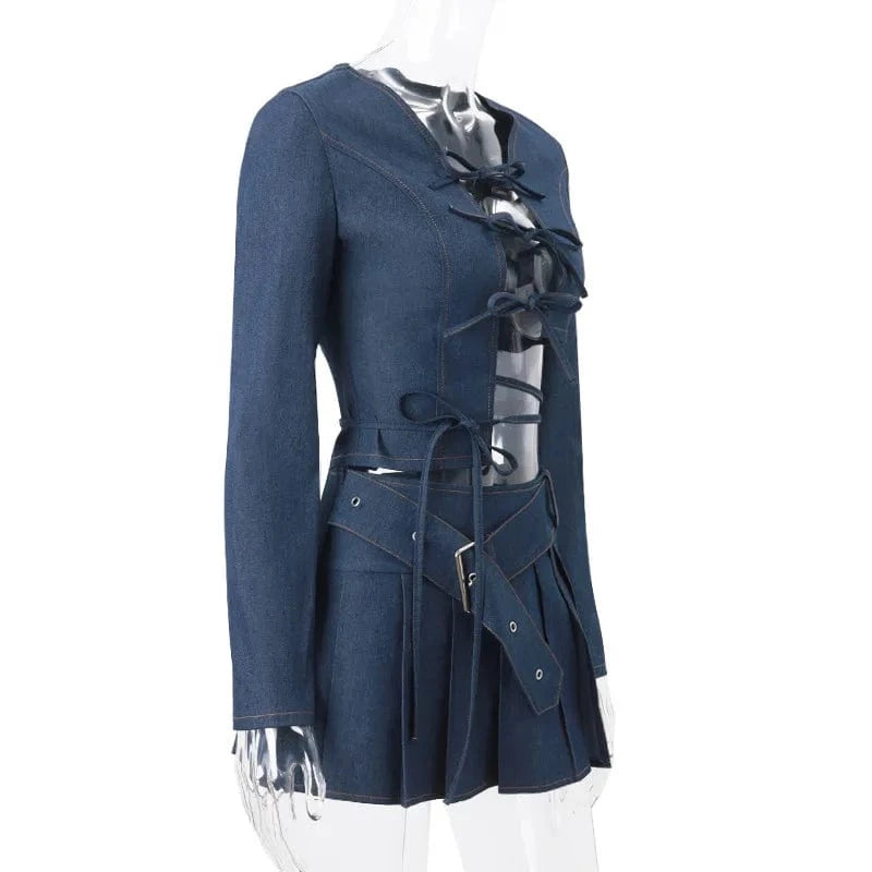 New Arrival Sexy Long Sleeve Bandage Hollow Out Crop Top Mini Pleated Skirt Denim Set Women Two Piece