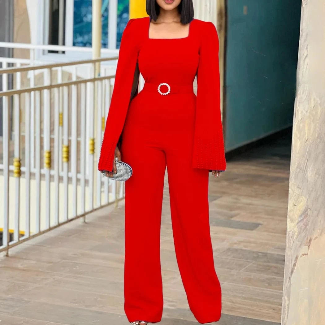 New Arrival Solid Wide-leg Beaded Cape Casual Temperament Women Jumpsuits