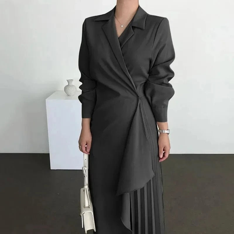 New Arrival Spring French Elegant Suit Collar Irregular Pleated Design Lace Up Waist Long Sleeve Dress