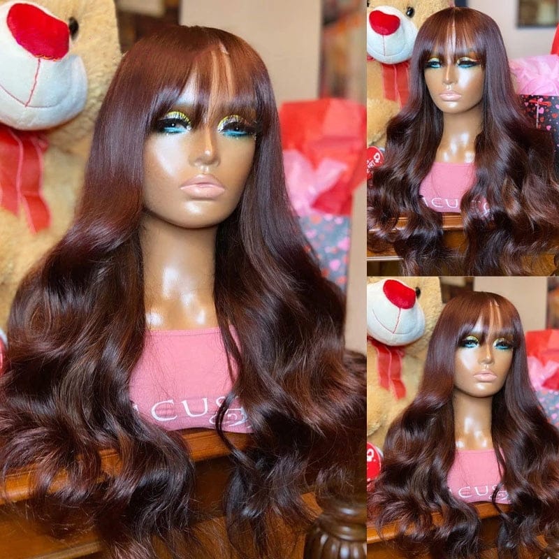 New Arrival Wine Red Brown Color Body Wave Wig Peruvian Human Hair Transparent Lace Front Wigs With Fringe